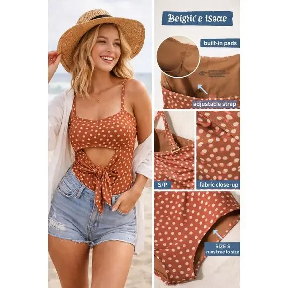 Aerie S/P Tie Front Cutout One Piece Swimsuit Polka Dot Full Coverage Resort - Picture 4 of 10